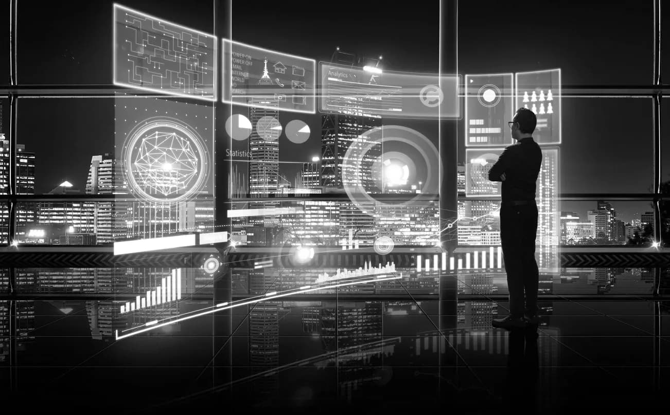 City skyline seen through data overlays